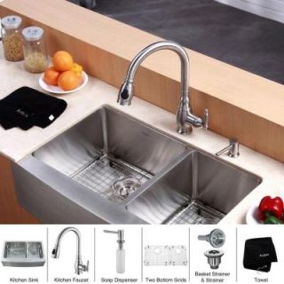 KRAUS All in One Farmhouse Apron 33x20 3/4x10 0 Hole Double Bowl Kitchen Sink with Stainless Steel Kitchen Faucet KHF203 33 KPF2150 SD20
