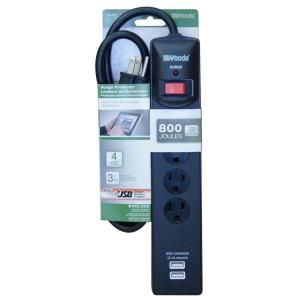 Woods 4 Outlet 800 Joule Surge Protector, with USB Charger   Black 413027801