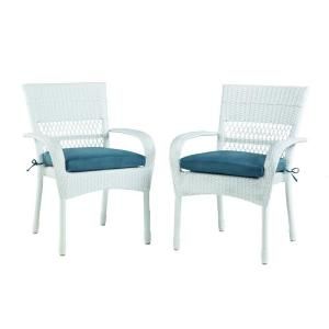 Martha Stewart Living Charlottetown White All Weather Wicker Patio Dining Chair with Blue Cushion (2 Pack) 65 55611WA