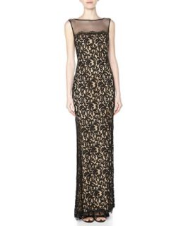 Mesh Lace Sleeveless Illusion Gown, Black/Nude