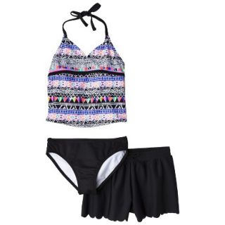 Girls 3 Piece Halter Tankini and Short Swimsuit Set   Black/Purple M