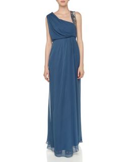 Asymmetric Draped Silk Gown, Riviera Blue