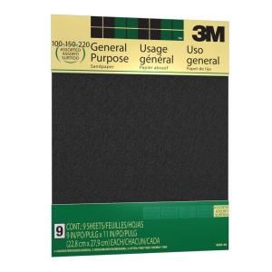 3M 9 in. x 11 in. 100, 150 and 220 Grit Medium, Fine and Very Fine Aluminum Oxide Sand paper (9 Sheets Pack) 9005 9A