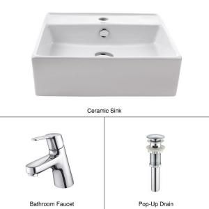 KRAUS Square Ceramic Sink in White with Ferus Basin Faucet in Chrome C KCV 150 14901CH