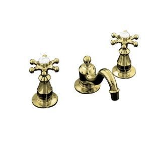KOHLER Antique 8 in.   16 in. Widespread 2 Handle Low Arc Bathroom Faucet in Vibrant Polished Brass with Six Prong Handles K 108 3 PB