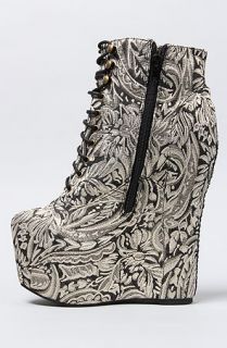 Jeffrey Campbell Shoe Embroidered Floral in Black and Gold Floral Fabric