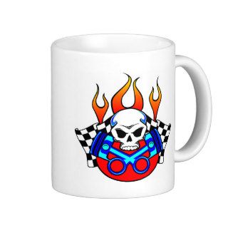 White Skull Crossed Pistons Check Flag Coffee Mugs