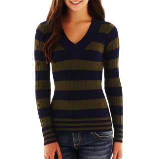 Energie Striped V Neck Ribbed Sweater, Midnight/army Gree, Womens