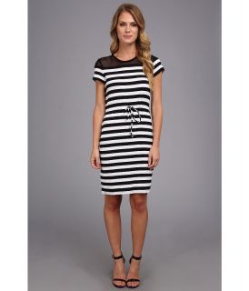 Calvin Klein Striped Dress with Mesh Yoke Womens Dress (Black)
