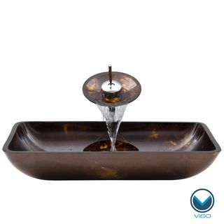 Vigo Rectangular Brown And Gold Fusion Glass Vessel Sink And Waterfall Faucet Set In Chrome