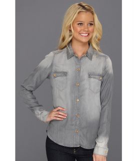 7 For All Mankind Flap Pocket Denim Shirt in Grey Womens Long Sleeve Button Up (Gray)