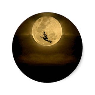 Yellow Full Moon and Witch Halloween Round Sticker