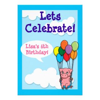 Flying Balloon Pig Children's Birthday Invite
