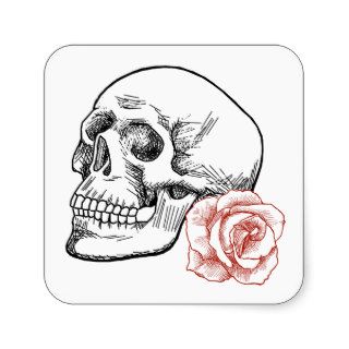 Human Skull With Red Rose Line Drawing Stickers