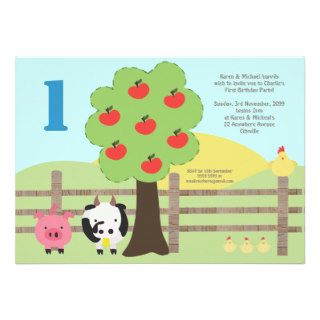 Farm Animals Apple Tree 1st Birthday Party  Invite