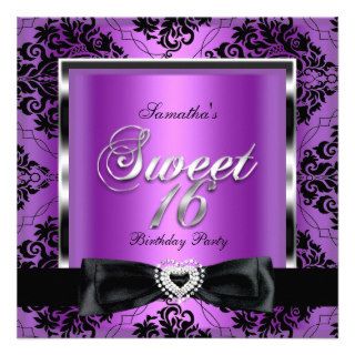 Sweet Sixteen 16 Party Purple Damask Silver Black Custom Invitation
