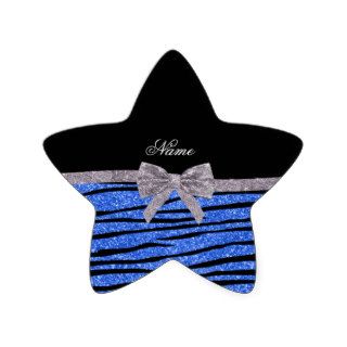 Custom name blue glitter zebra stripes bow star stickers