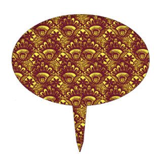Elegant Maroon and Yellow Lace Damask Pattern Cake Toppers