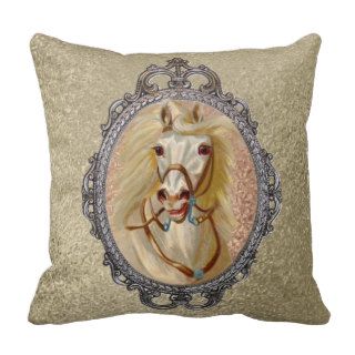 Ornate gold framed white, blonde horse painting throw pillow