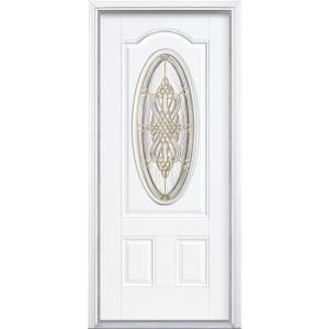 Masonite New Haven Three Quarter Oval Lite Primed Smooth Fiberglass Entry Door with Brickmold 14537