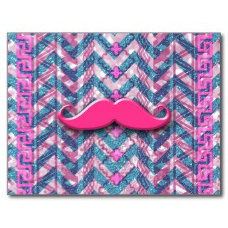 Pink Blue Zigzag Chevron Funny Mustache Pattern Post Cards