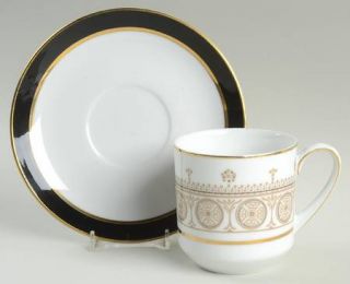  Aquarius Flat Cup & Saucer Set, Fine China Dinnerware   Black Band,Gold Tr