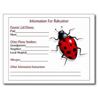 Babysitter Information Cards Ladybug, Child Care Postcard