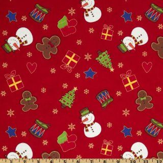 44'' Wide Country Christmas Scattered Snowmen Red Fabric By The Yard