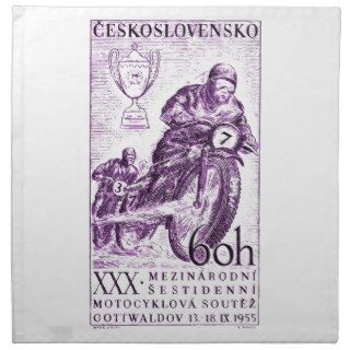 Vintage 1955 Czechoslovakia Motorcycle Race Stamp Printed Napkin