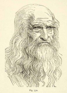 1888 Wood Engraving Leonardo da Vinci Self Portrait Beard Gaze Famous Figure Art   Original Wood Engraving   Prints