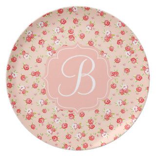Girly Vintage Pink Roses Monogrammed Dinner Plate