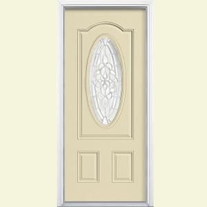 Masonite Oakville Three Quarter Oval Lite Painted Smooth Fiberglass Entry Door with Brickmold 45371