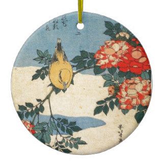 Black naped Oriole and China Rose (by Hokusai) Ornaments