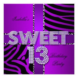 Sweet 13 13th Birthday Zebra Cow Purple Black Personalized Invitations
