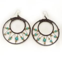 Pretty Blue Turquoise Brass Web Hoop Earrings (Thailand) Earrings