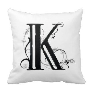 Black and White Floral Typeface  – Letter K Throw Pillows