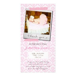 Baby Pink Damask Gingham Polaroid Thank You Custom Photo Card