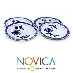 Set of 4 Ceramic 'Blue Chrysanthemum' Dinner Plates (El Salvador) Novica Dinnerware