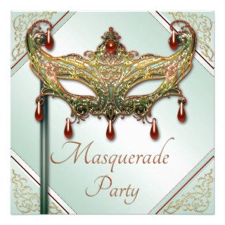 Mint Green Gold Flourishes Mask Masquerade Party Personalized Invitations