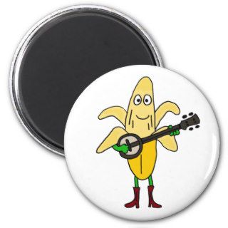 AY  Funny Banana Playing Banjo Cartoon Fridge Magnets