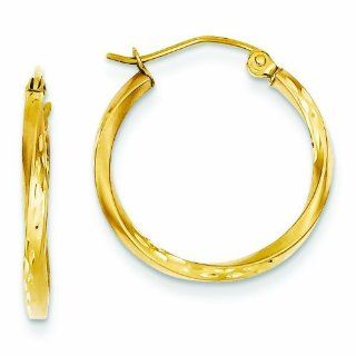 14K Gold Satin Diamond Cut Twisted Hollow Hoop Earrings Jewelry