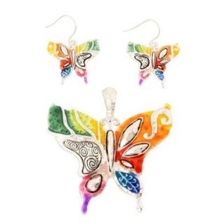 Hand Painted Multi Color Butterfly Pendant and Earring Set Jewelry Sets Jewelry