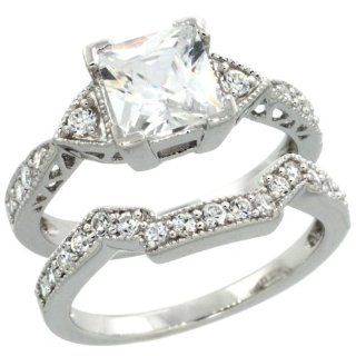 Sterling Silver Vintage Style 2 Pc. Square Engagement Ring Set w/ Princess (7mm) & Brilliant Cut CZ Stones, 5/16 in. (7.5mm) wide Jewelry