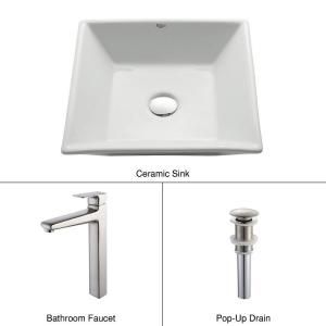 KRAUS Square Ceramic Sink in White with Virtus Faucet in Brushed Nickel C KCV 125 15500BN