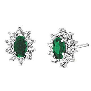 14kt W.G. Diamond and Oval Shaped Emerald Lady Di Earring Jewelry
