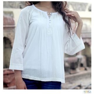 Cotton 'Mandala White' Tunic (India) Novica Women's Clothing