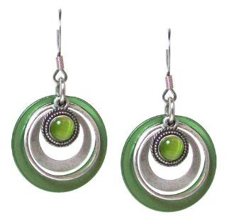 John Michael Richardson Satin Silver Plated Multi Circle Dangle Hoop Earrings with Lime Green Elements Jewelry