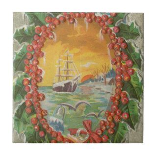 Vintage Christmas Sailboat Wreath Ceramic Tile