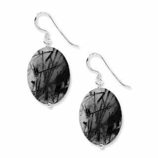 Sterling Silver Tourmalinated Quartz Oval Dangle Earrings Jewelry
