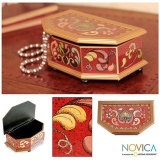 Wood 'Red Colonial Heart' Painted Glass Box (Peru) Novica Accent Pieces